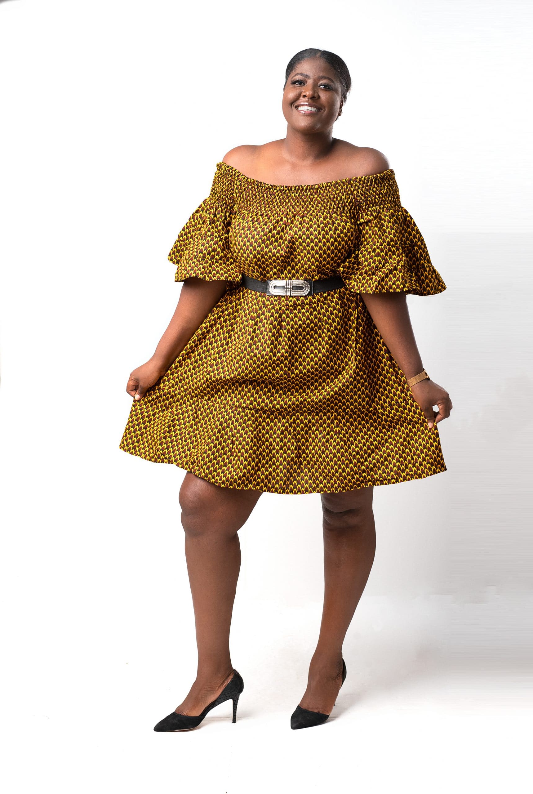 Thando Yellow African Ankara Print Bardot Midi Maxi Dress