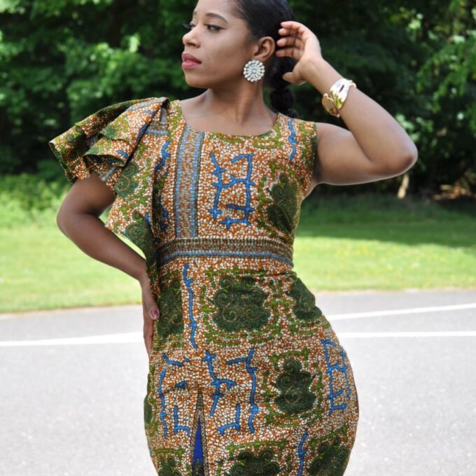 Aniyah African Ankara Frilled Shoulder Knee Length Dress