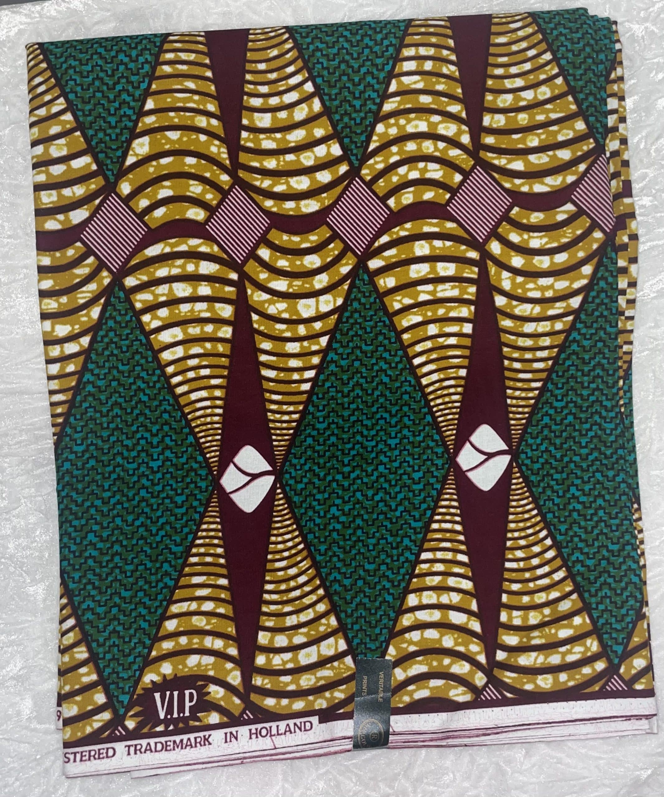 African Ankara Brown & Green Multi Abstract Diamond Style 6 Yards VIP Fabric