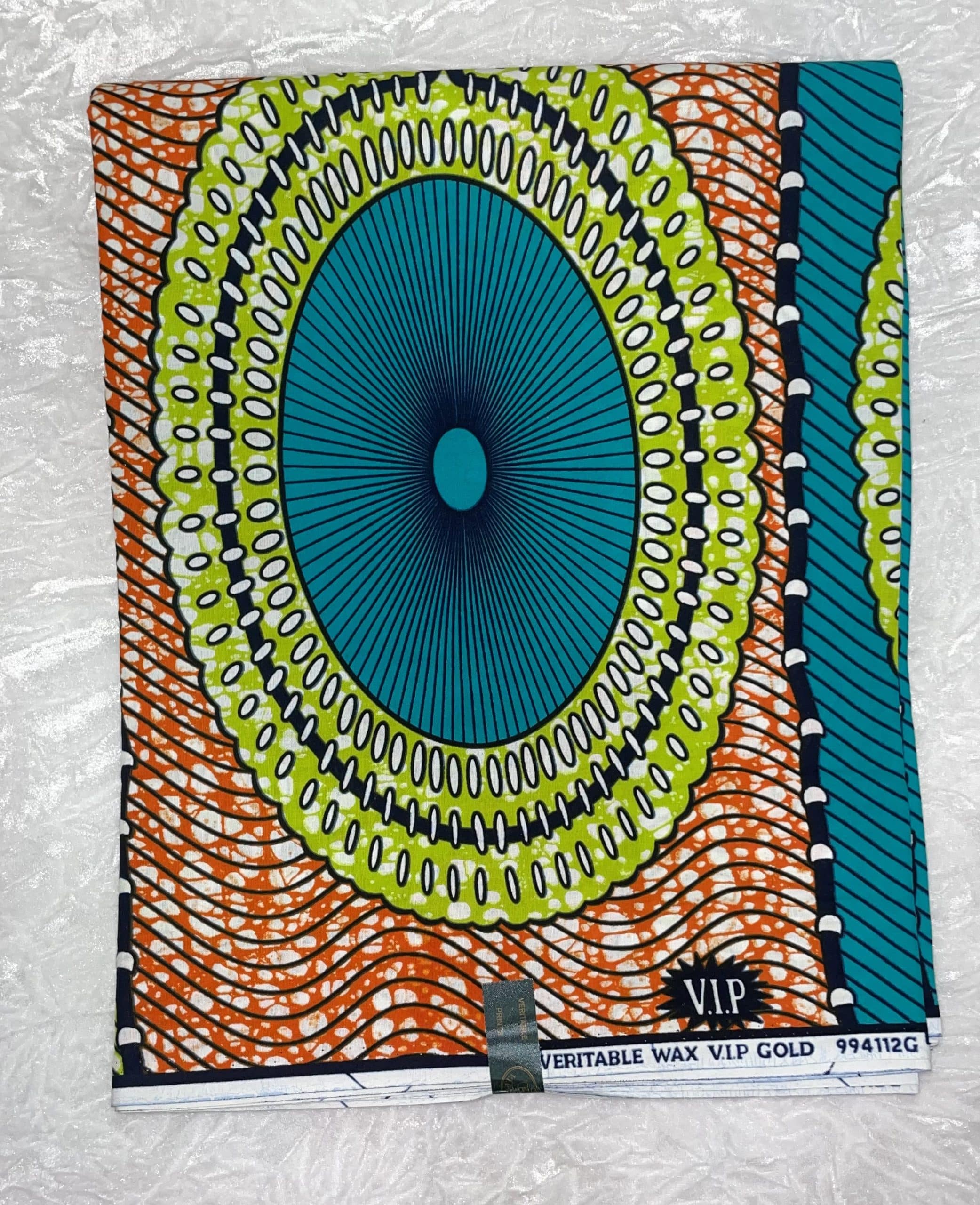 African Ankara Green & Orange Multi Circle Style 6 Yards VIP Fabric