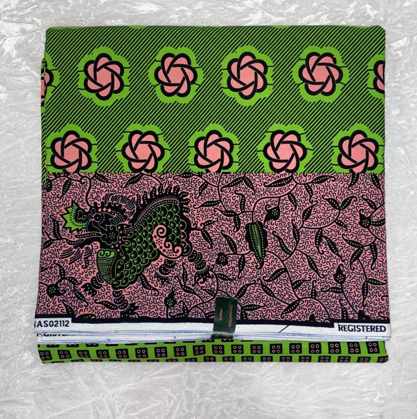 African Ankara Green & Pink Multi Floral Style 6 Yards VIP Fabric fold