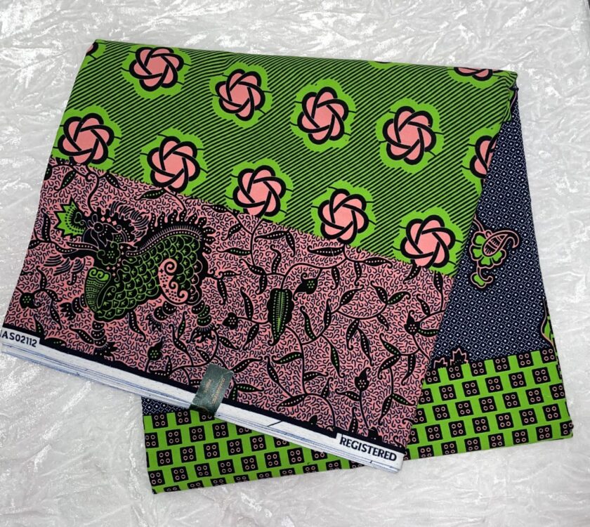 African Ankara Green & Pink Multi Floral Style 6 Yards VIP Fabric cross