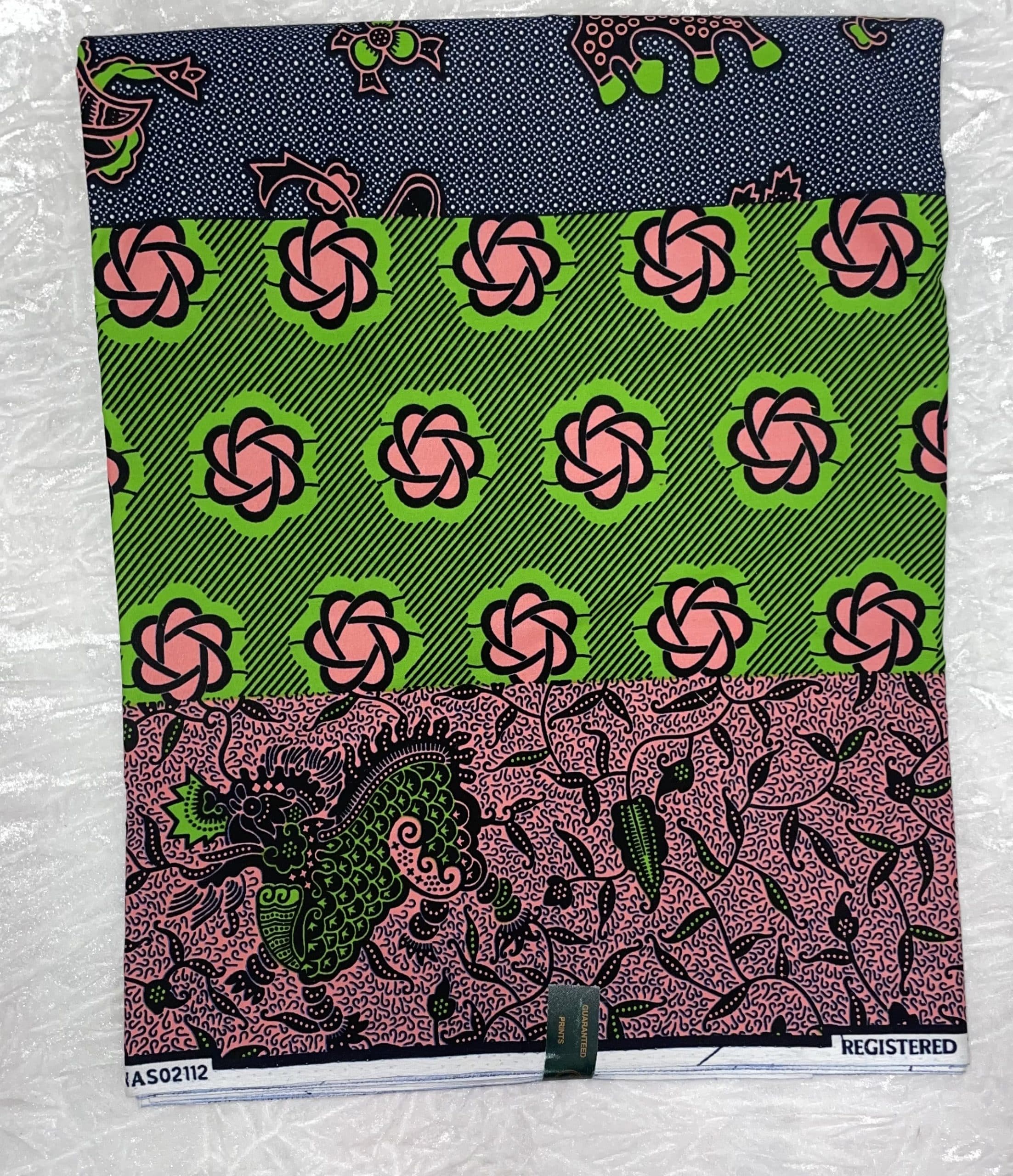African Ankara Green & Pink Multi Floral Style 6 Yards VIP Fabric