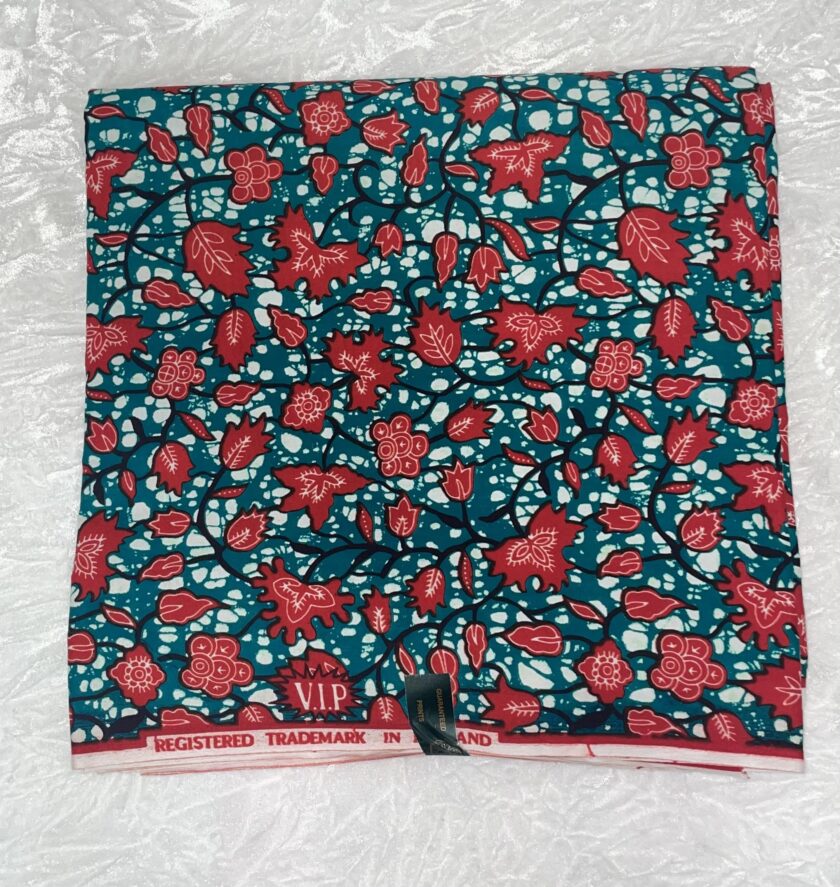 African Ankara Turquoise & Red Multi Floral Style 6 Yards VIP Fabric fold