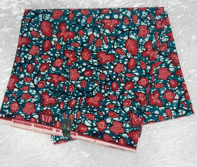 African Ankara Turquoise & Red Multi Floral Style 6 Yards VIP Fabric cross