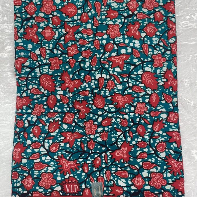 African Ankara Turquoise & Red Multi Floral Style 6 Yards VIP Fabric