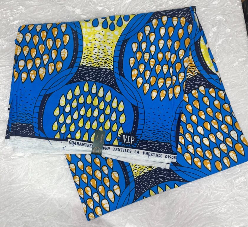 African Ankara Blue & Yellow Drop Style 6 Yards VIP Fabric cross