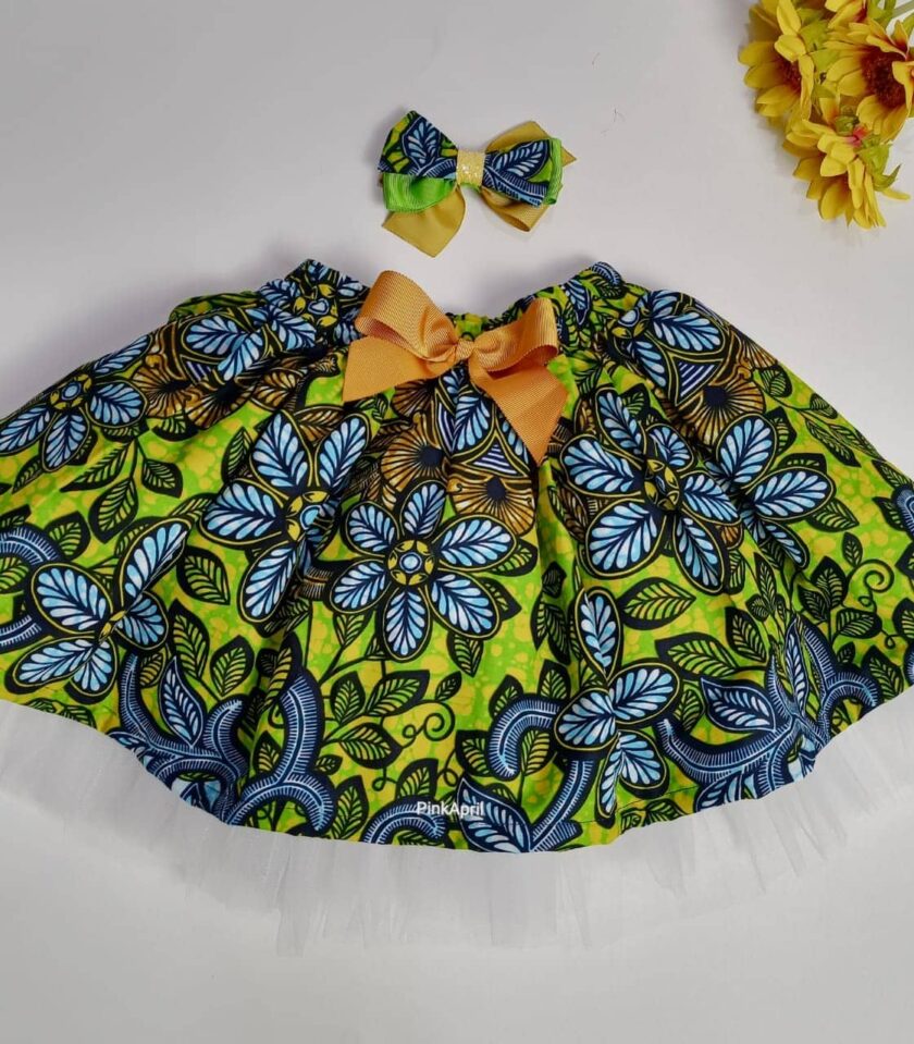 Habiba Green Multi Ankara Kids Bow & Skirt Set