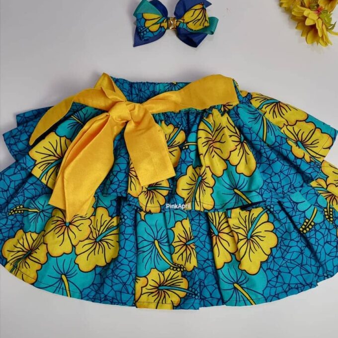 Folami Blue Multi Ankara Kids Bow & Skirt Set