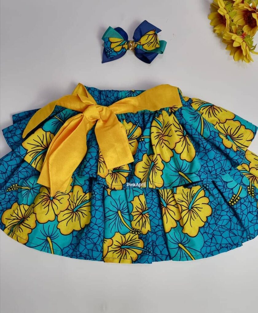 Folami Blue Multi Ankara Kids Bow & Skirt Set