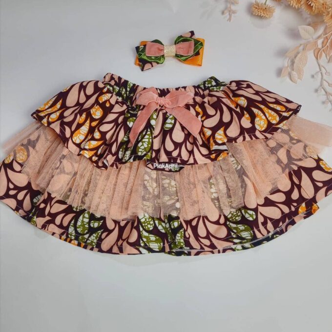 Howla Peach Multi Ankara Kids Bow & Skirt Set