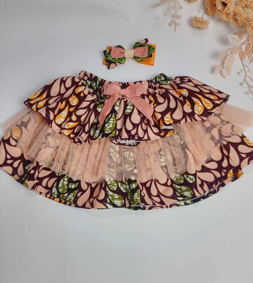 Howla Peach Multi Ankara Kids Bow & Skirt Set