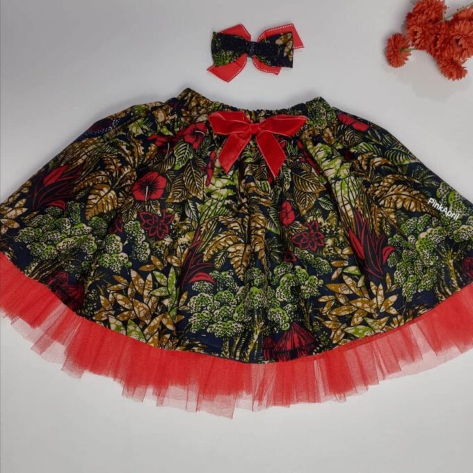 Hoyam Red Multi Ankara Kids Bow & Skirt Set