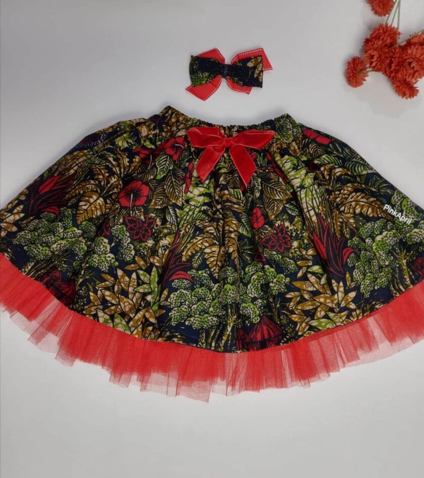 Hoyam Red Multi Ankara Kids Bow & Skirt Set