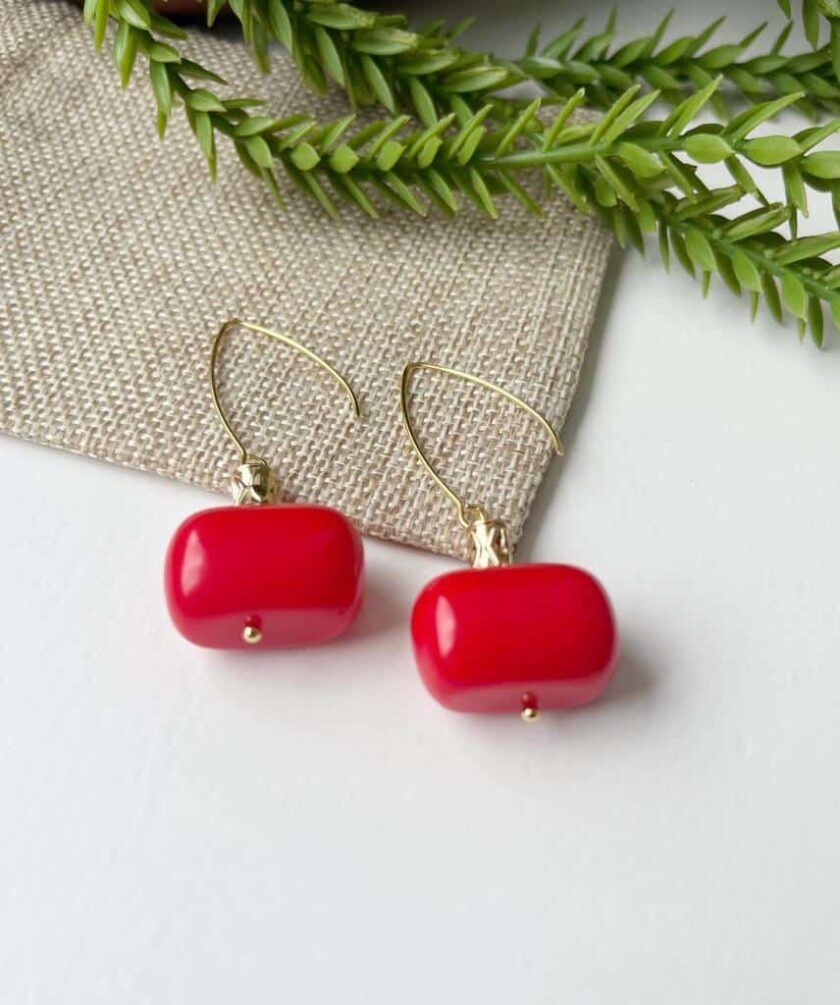 Cherry Red Gold Long Dangle Drop Hook Earrings
