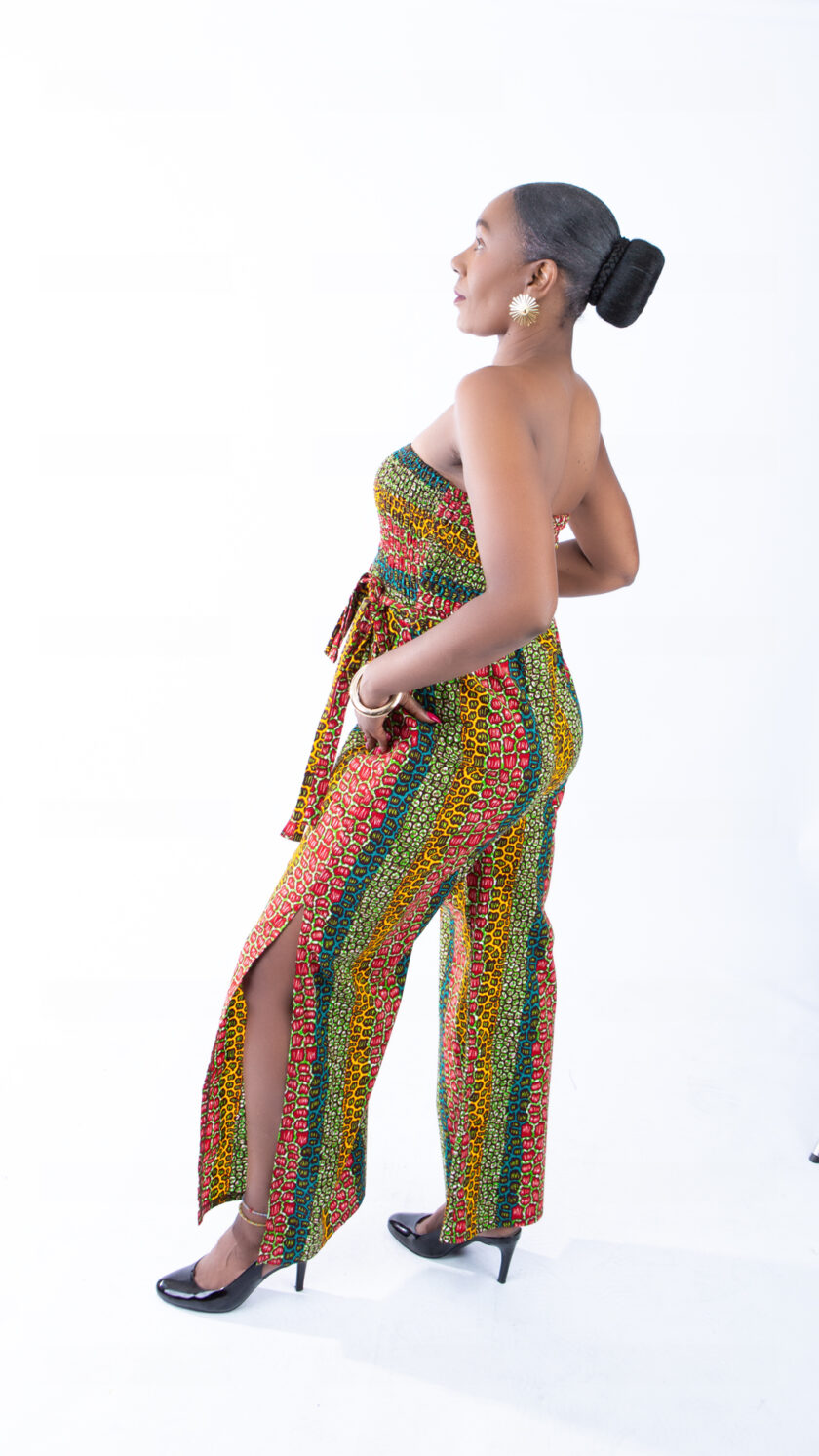 Sina Leopard African Ankara Print Bandeau Slit Jumpsuit