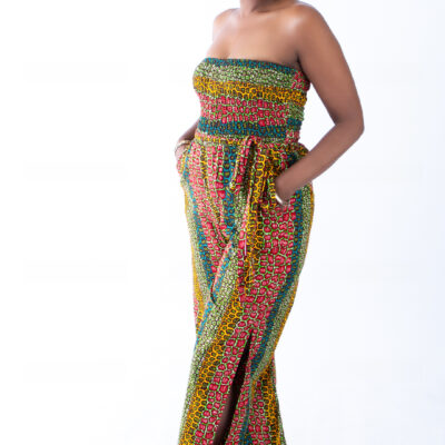 Sina Leopard African Ankara Print Bandeau Slit Jumpsuit