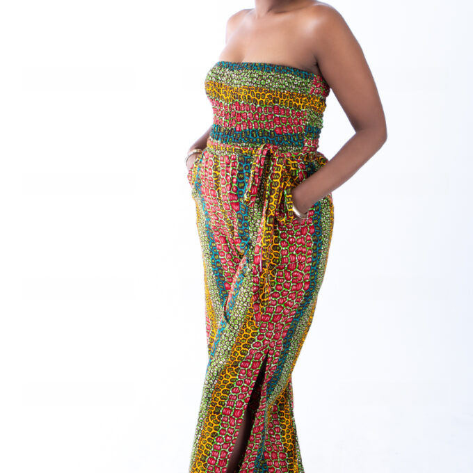 Sina Leopard African Ankara Print Bandeau Slit Jumpsuit