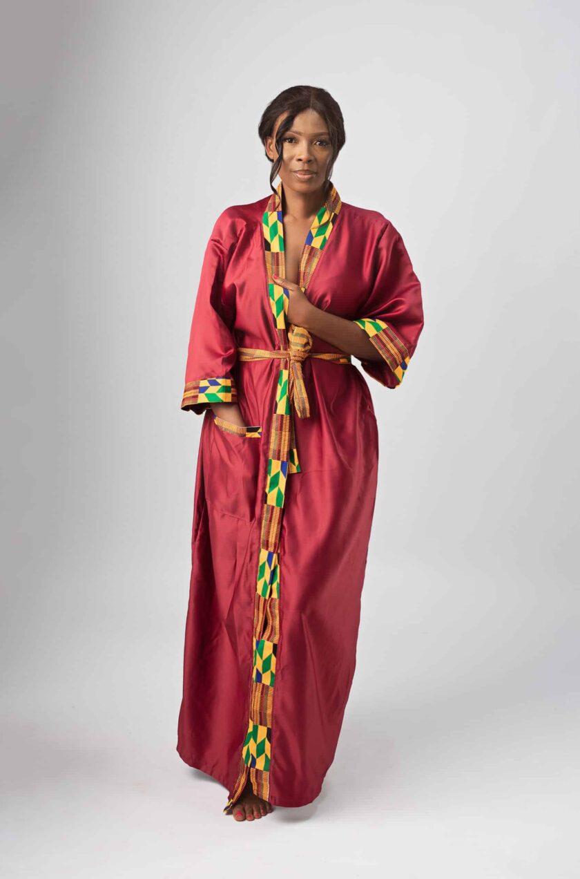 Maroon & African Kente Print Satin Kimono Robe
