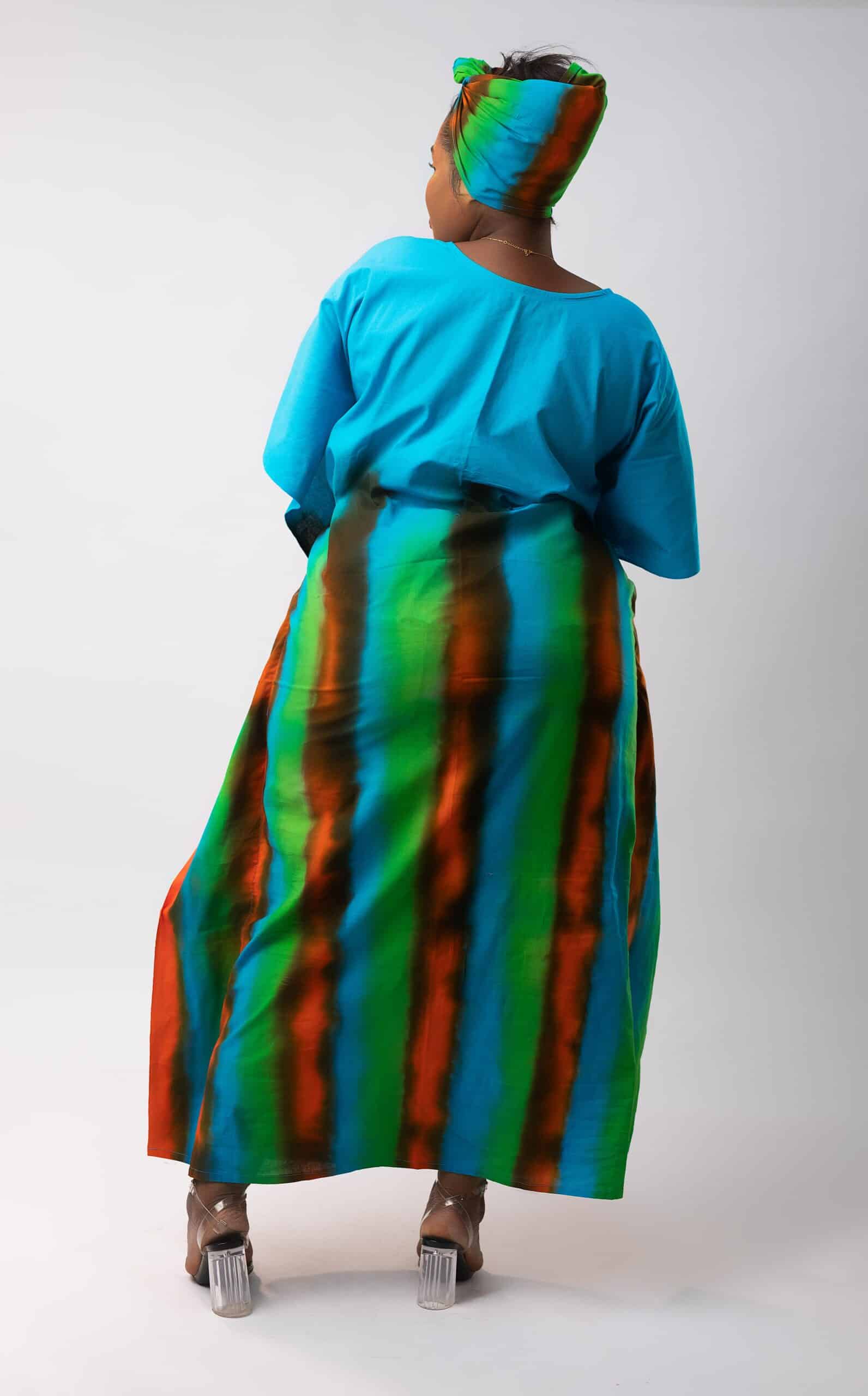 Green Tie Dye Kaftan Dress Plus Head Wrap Set - African Clothing Store