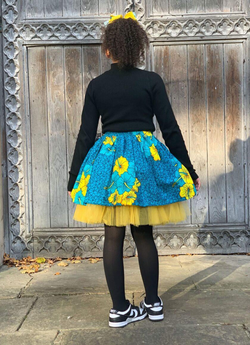 Bola Blue and Yellow Floral Ankara Kids Bow & Skirt Set