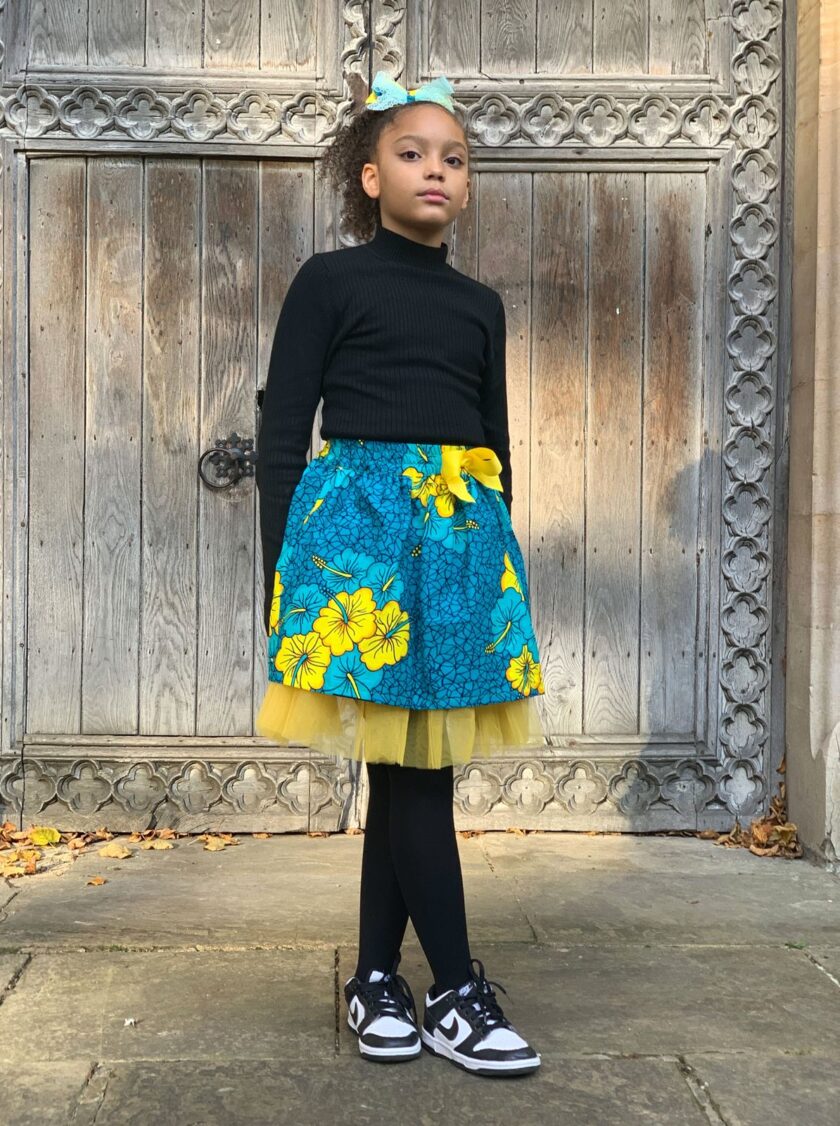Bola Blue and Yellow Floral Ankara Kids Bow & Skirt Set