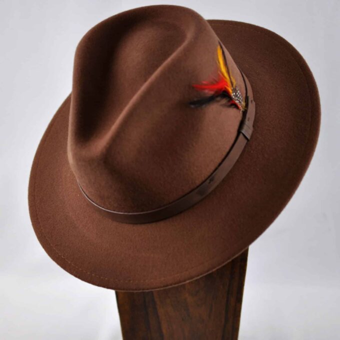 Brown Fedora Hat with Feather
