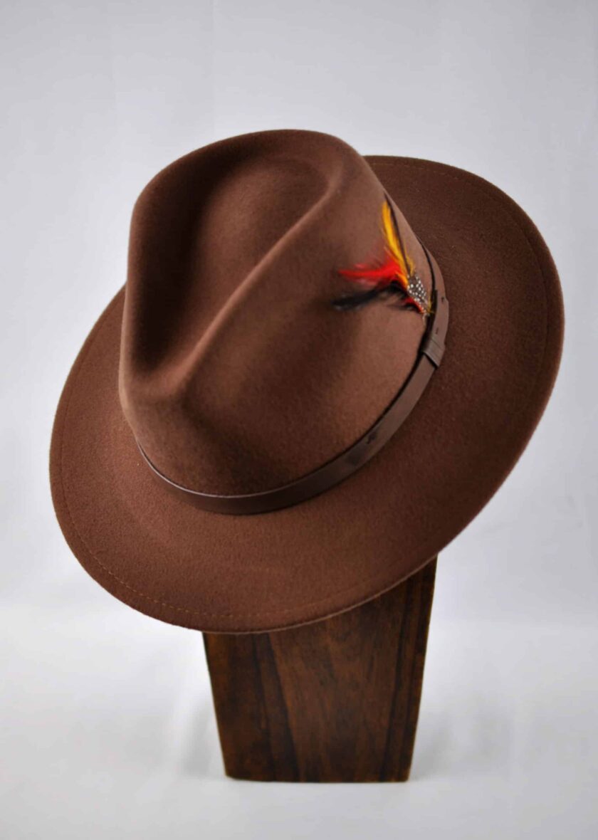 Brown Fedora Hat with Feather