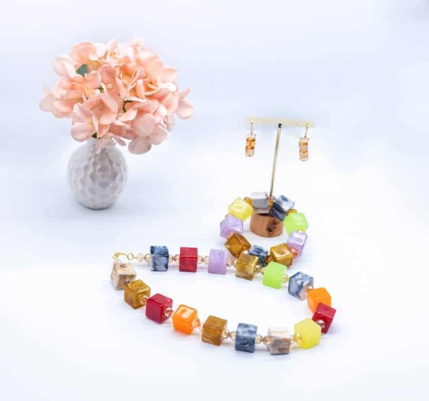 Rainbow Cube Beaded Necklace Set