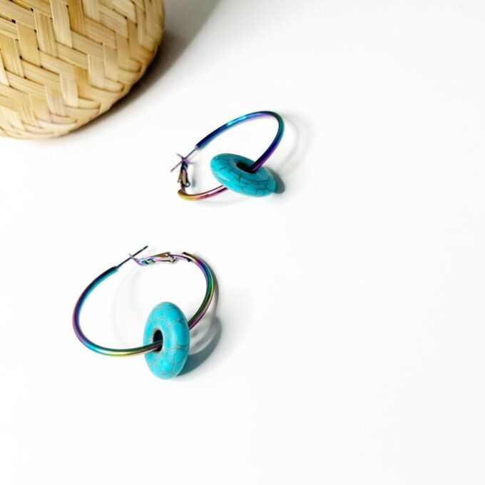 Rainbow Drop Hoop Earrings with Blue Donut Pendant
