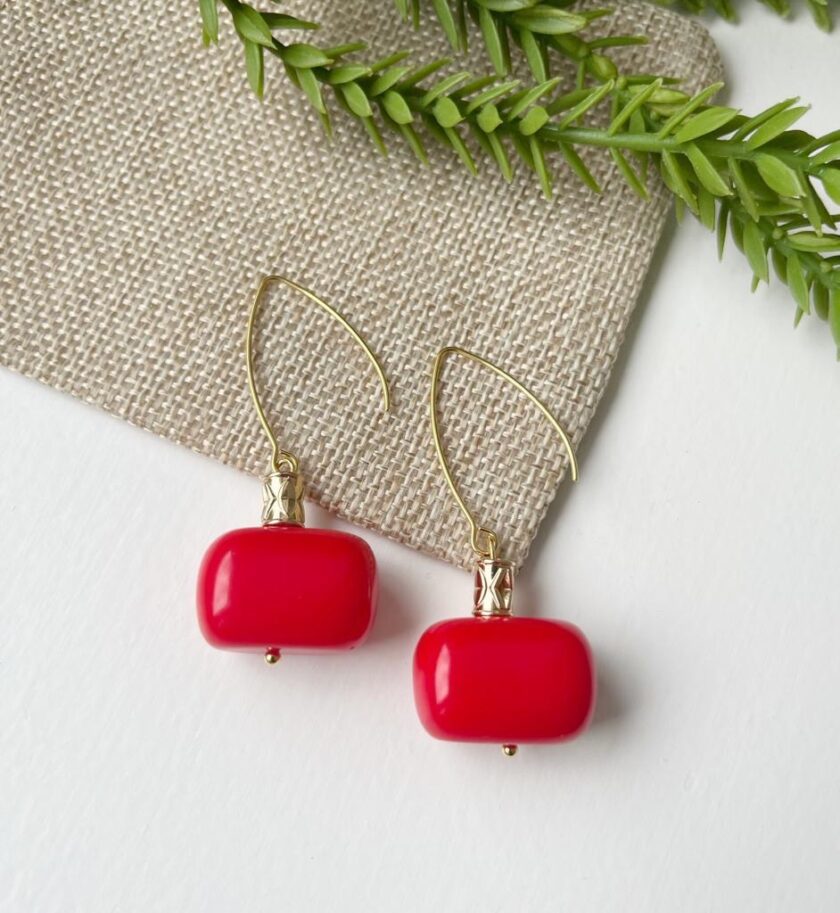 Cherry Red Gold Long Dangle Drop Hook Earrings