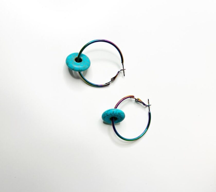 Rainbow Drop Hoop Earrings with Blue Donut Pendant