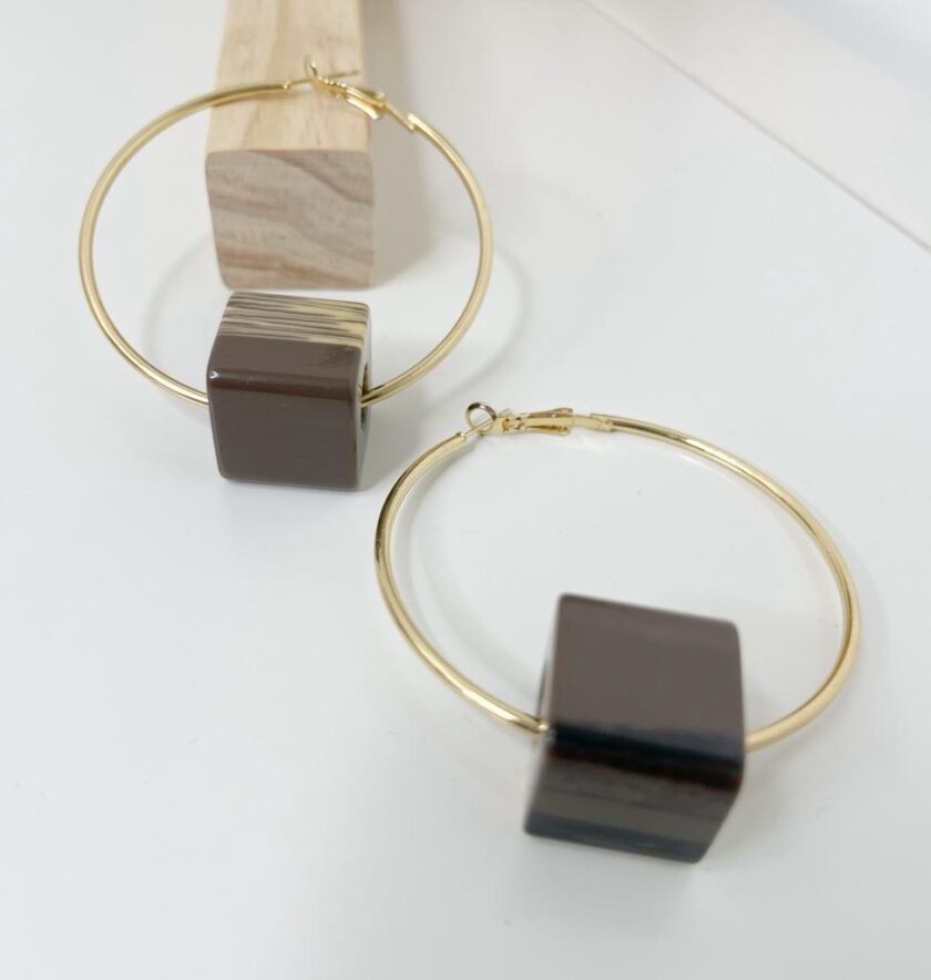 Lightweight Boho Gold Hoop Earrings with Brown Cube Centre