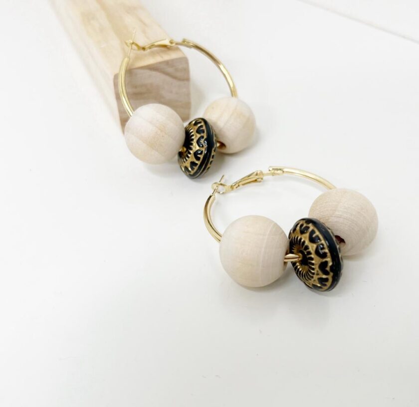 Gold Hoop Drop Earrings with Wooden Sphere Beads