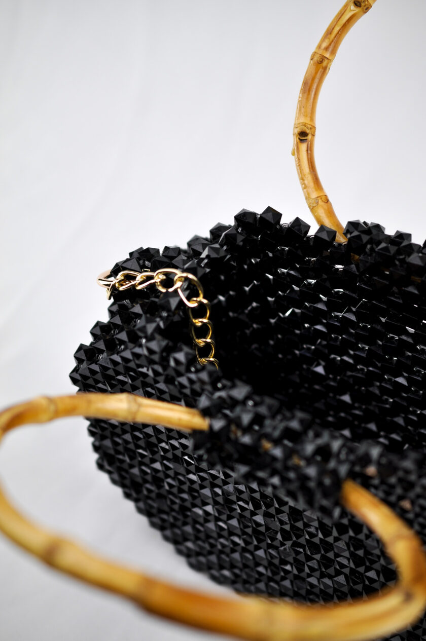 Black Octagon Fola Bamboo Handle Beaded Bag