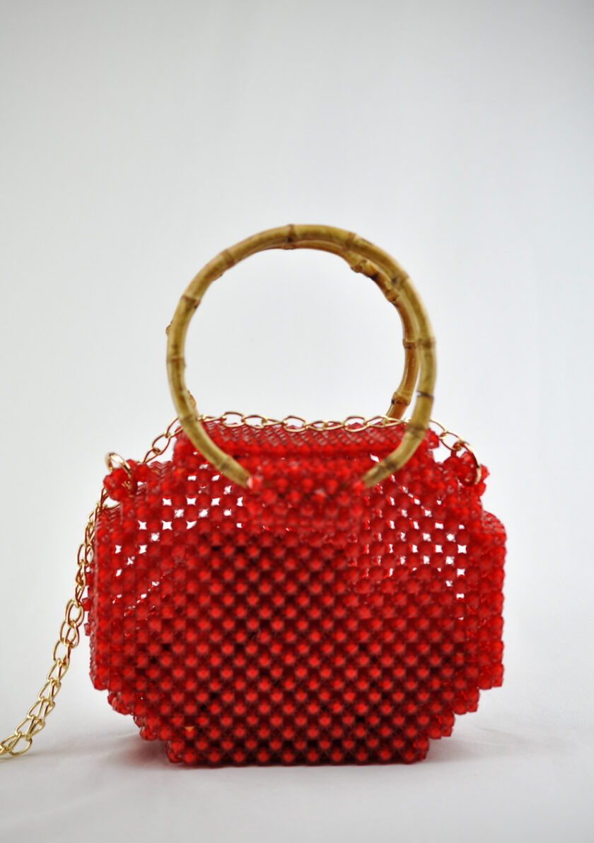 Red Octagon Fola Bamboo Handle Beaded Bag