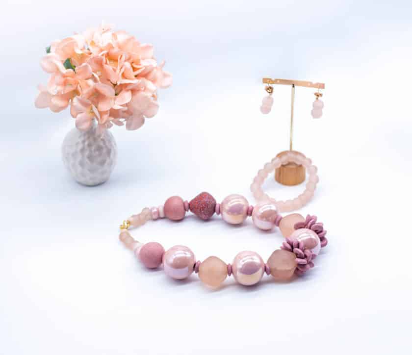 Nkiru Pink Glass Stone Beaded Necklace Set