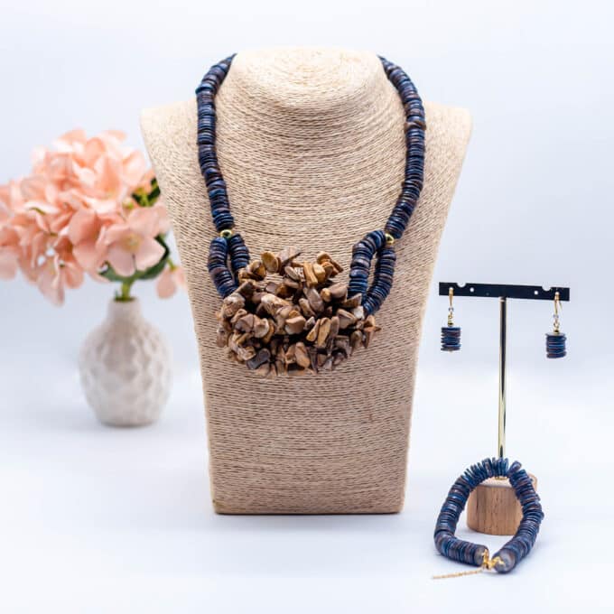 Omp Navy Blue and Brown Wooden Beaded Necklace Set