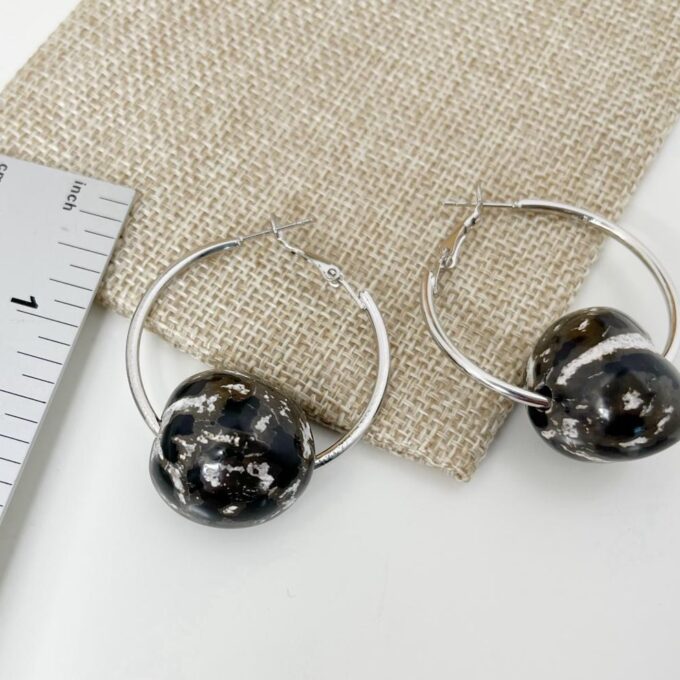 Silver Hoop Earrings with Zebra Stripe Brown Beads