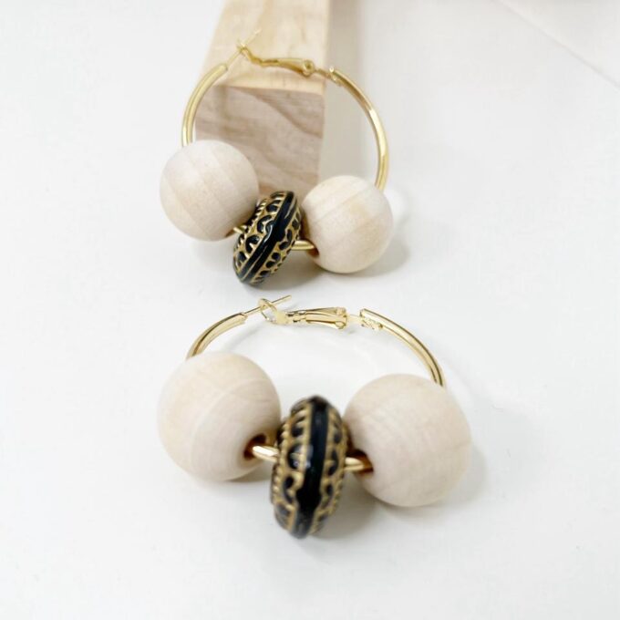 Gold Hoop Drop Earrings with Wooden Sphere Beads
