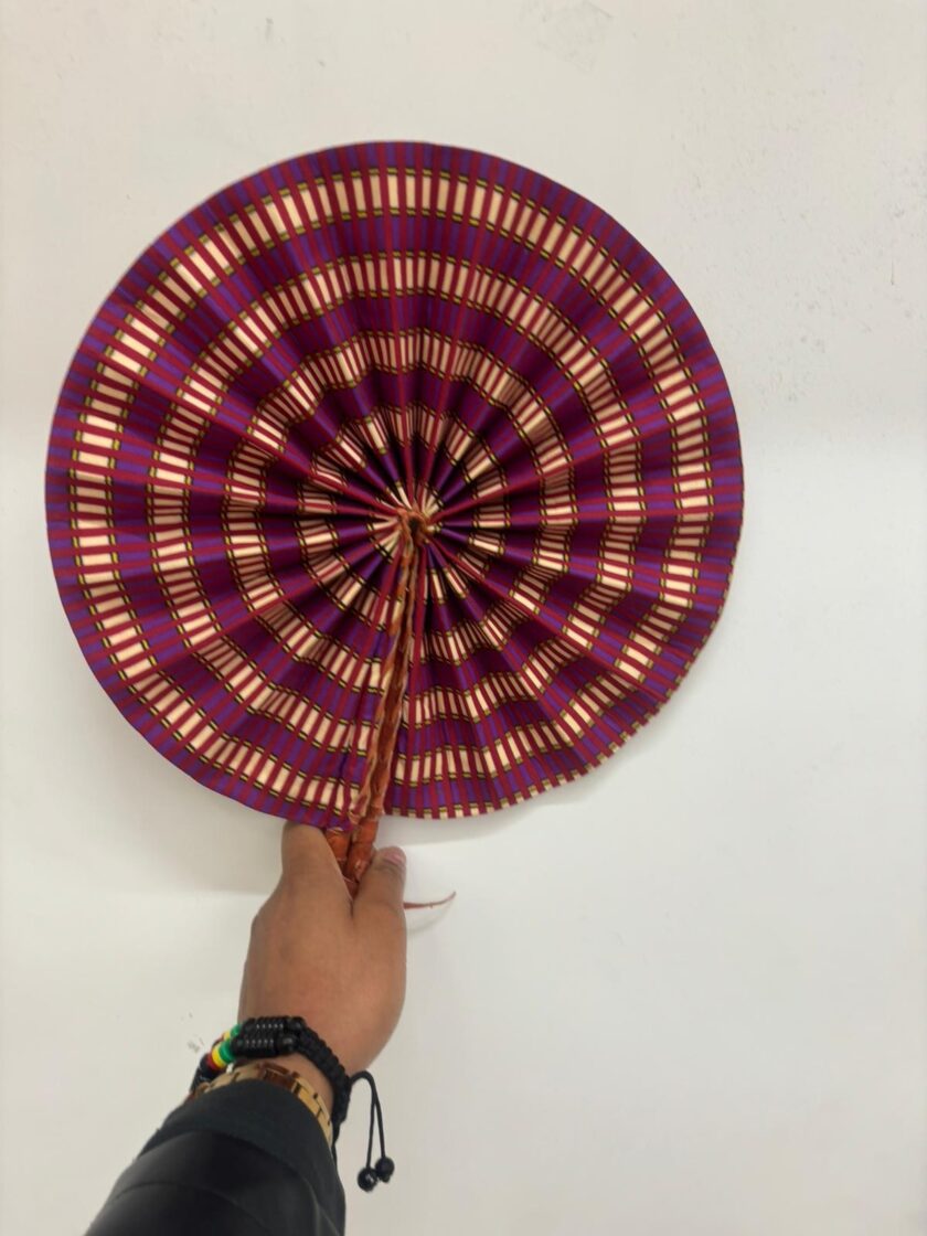 Ashley Ankara Print Round Closable Leather Handle Fan