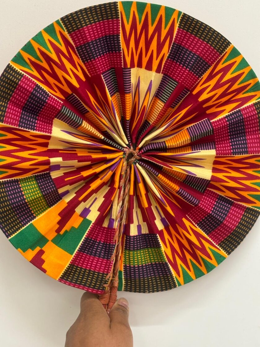 African Kente Print Round Closable Leather Handle Fan
