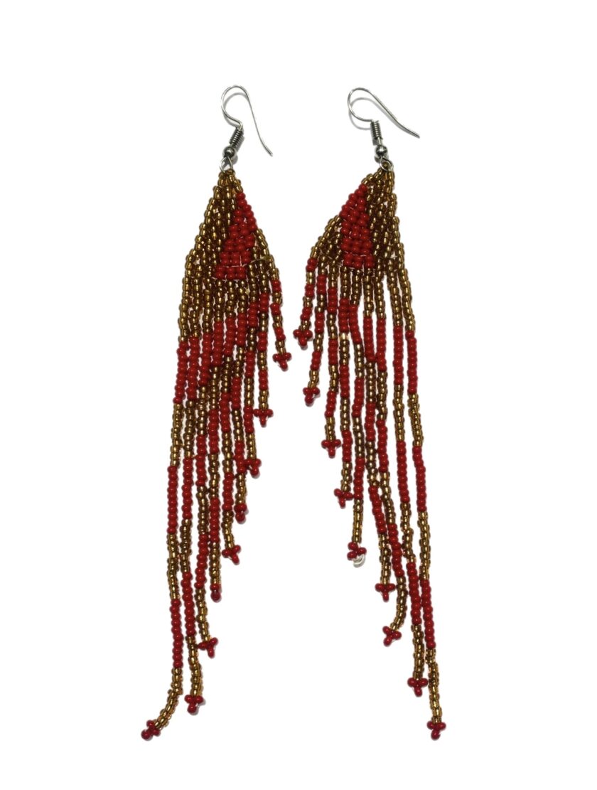 Ru Red and Gold Long Tassel Kenyan Beaded Earrings