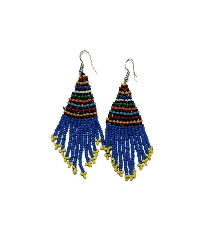 Bo Blue Multi-Colour Short Tassel Kenyan Beaded Earrings