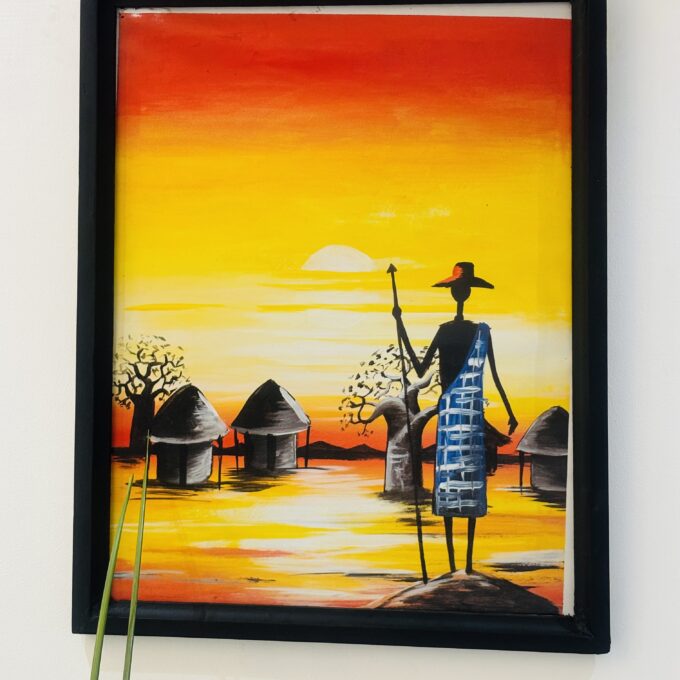 Man with Spear in Front of Huts and Sunrise