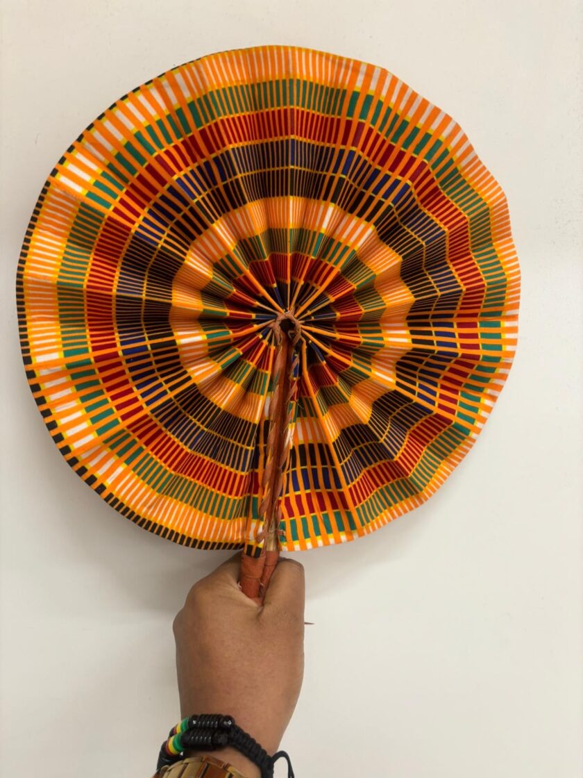 Ansley Ankara Print Round Closable Leather Handle Fan
