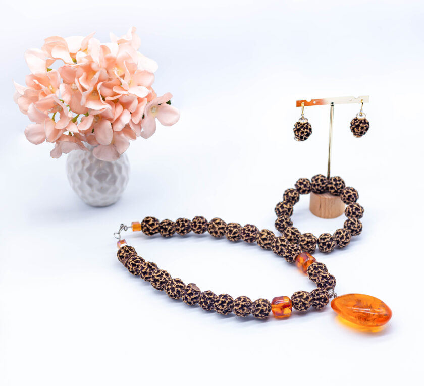 Brown Coral Stone and Orange Glass Stone Necklace Set