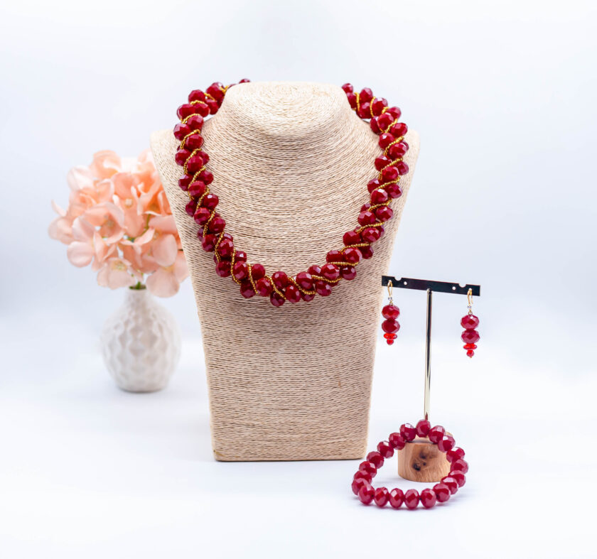 Aurora Red and Gold Threaded Beaded Necklace Set