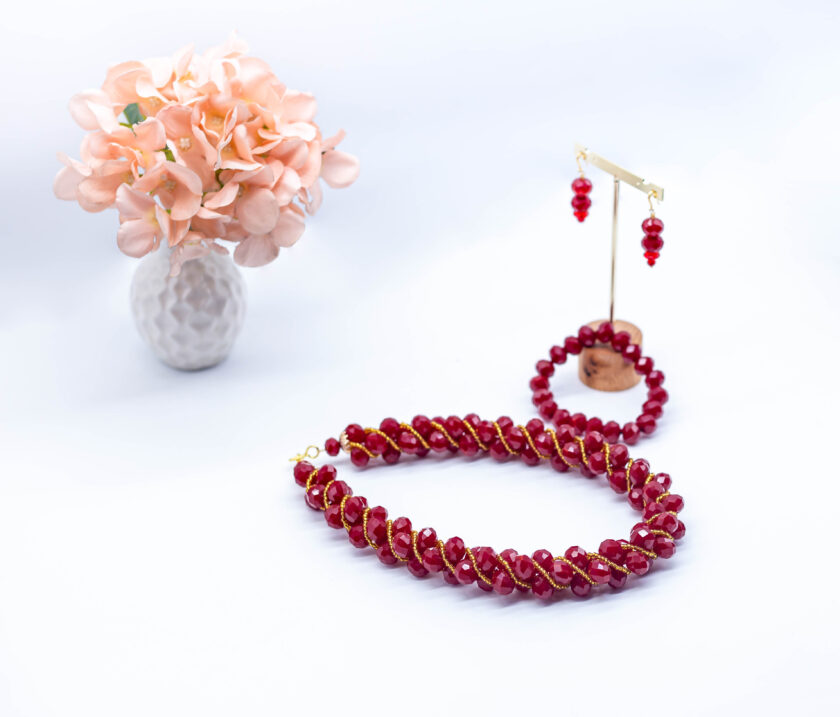 Aurora Red and Gold Threaded Beaded Necklace Set