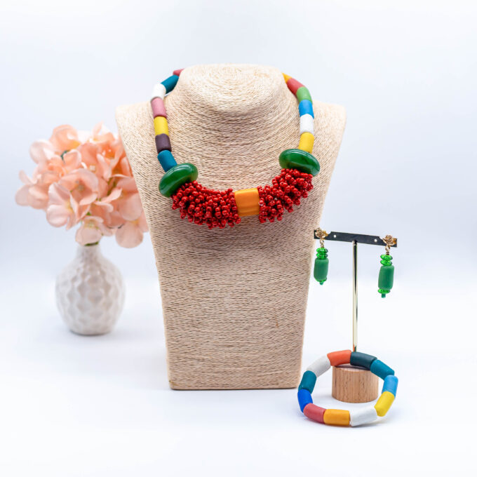 Issa Rainbow and Bright Red Beaded Necklace Set